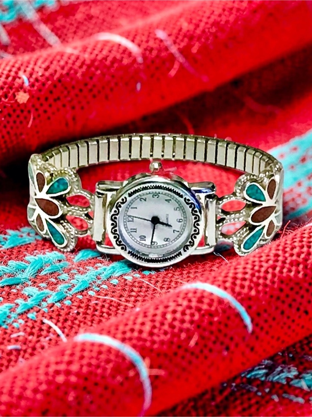 Silver Native American Turquoise Coral Butterfly Band New & Southwestern Watch